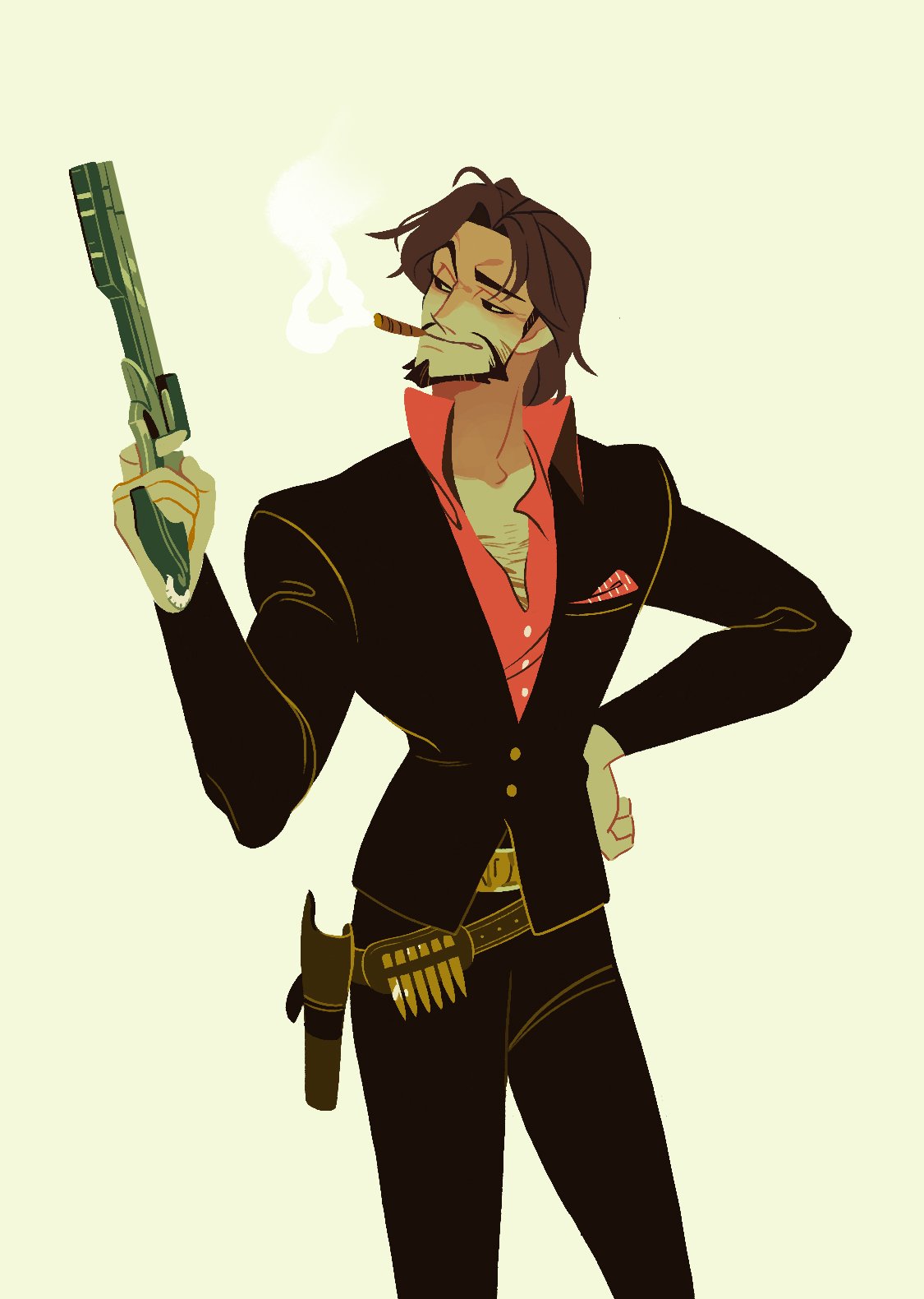 1boy ammunition_belt bandolier beard belt belt_buckle brown_eyes brown_hair buckle buttons chest_hair cigar collared_shirt cowboy_shot facial_hair formal gun hand_on_hip hand_up handgun highres holding holding_gun holding_weapon holster long_sleeves looking_away male_focus mccree_(overwatch) mouth_hold mustache overwatch pants red_shirt revolver shirt short_hair smoke smoking solo suit weapon