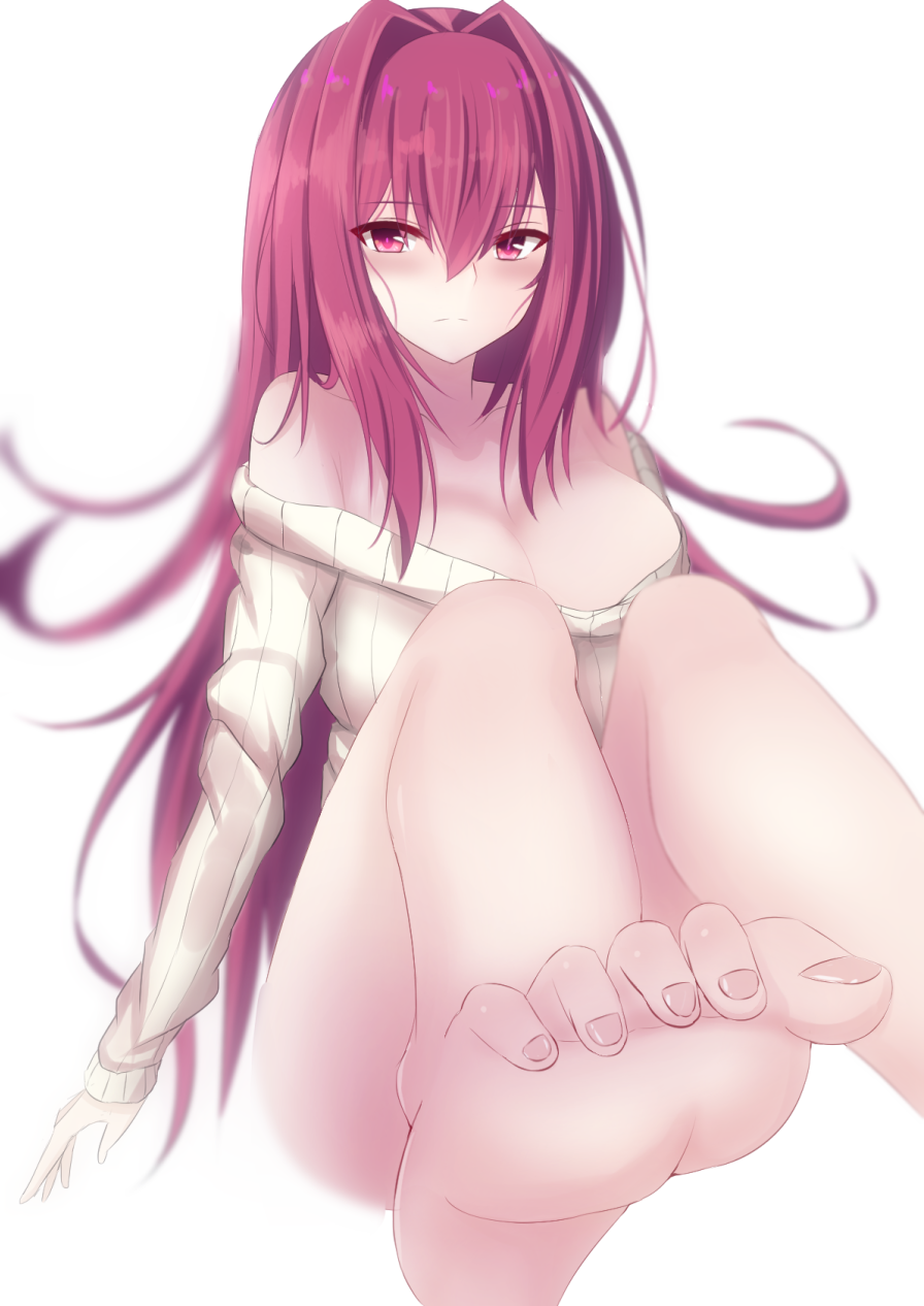 1girl bare_shoulders breasts cleavage fate/grand_order fate_(series) feet highres kesoshirou large_breasts long_hair looking_at_viewer pov_feet purple_hair red_eyes scathach_(fate/grand_order) solo sweater white_background