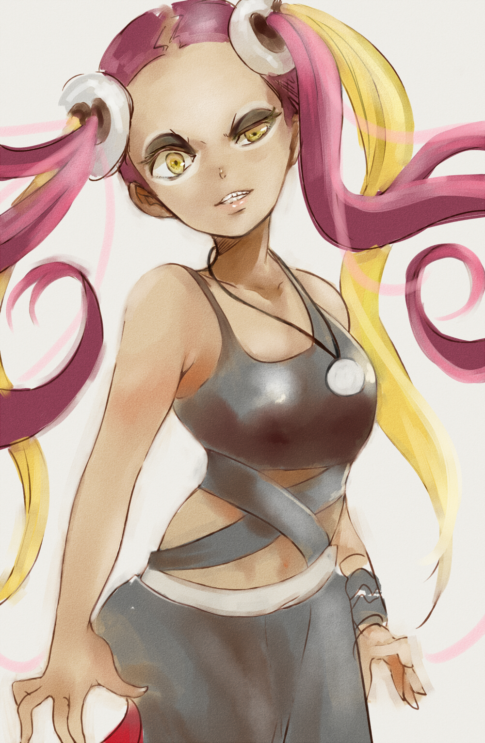 1girl bare_arms blonde_hair crop_top eyeshadow female hair_ornament highres holding holding_poke_ball jewelry kogal long_hair looking_at_viewer makeup multicolored_hair myouji_namawe necklace pink_hair plumeri_(pokemon) poke_ball pokemon pokemon_(game) pokemon_sm skull_hair_ornament solo tank_top teeth twintails two-tone_hair uneven_eyes yellow_eyes