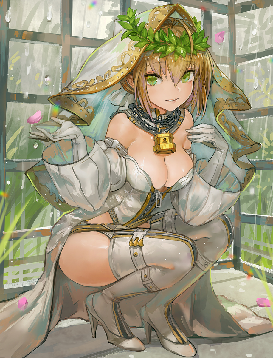 1girl ass bare_shoulders belt blush boots breasts chains cleavage danann detached_sleeves fate/extra fate/extra_ccc fate/grand_order fate_(series) gloves green_eyes high_heels highres laurel_crown lock looking_at_viewer saber_bride saber_extra smile solo squatting thigh-highs thigh_boots white_gloves white_legwear