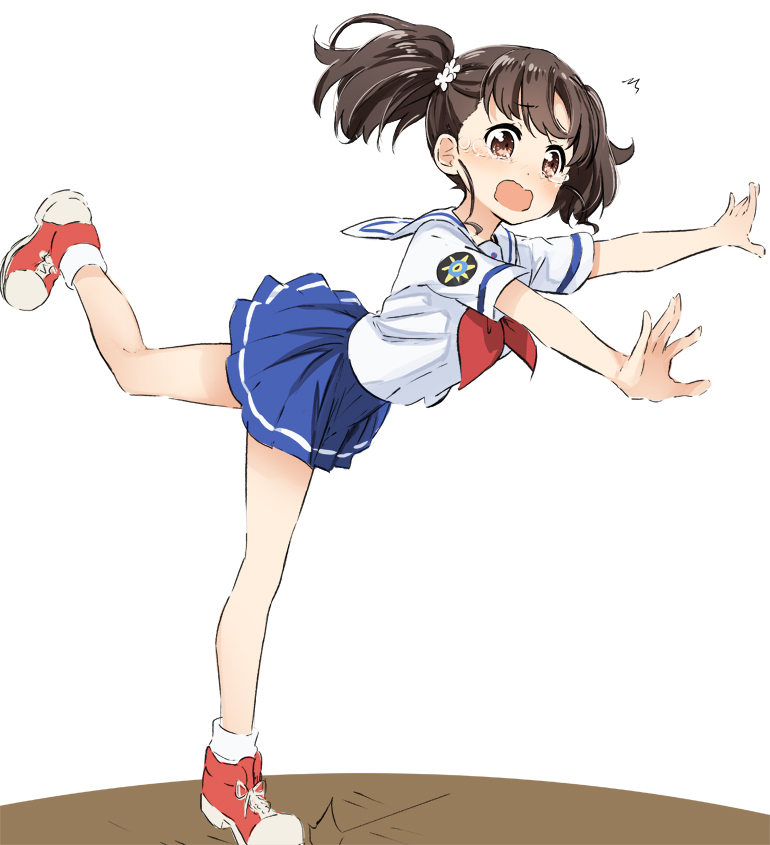 /\/\/\ 1girl abe_kanari badge black_hair blue_skirt brown_eyes high_school_fleet long_hair neckerchief open_mouth outstretched_arms pleated_skirt red_neckerchief school_uniform serafuku shiretoko_rin shoes skirt sneakers standing standing_on_one_leg tripping twintails wavy_mouth