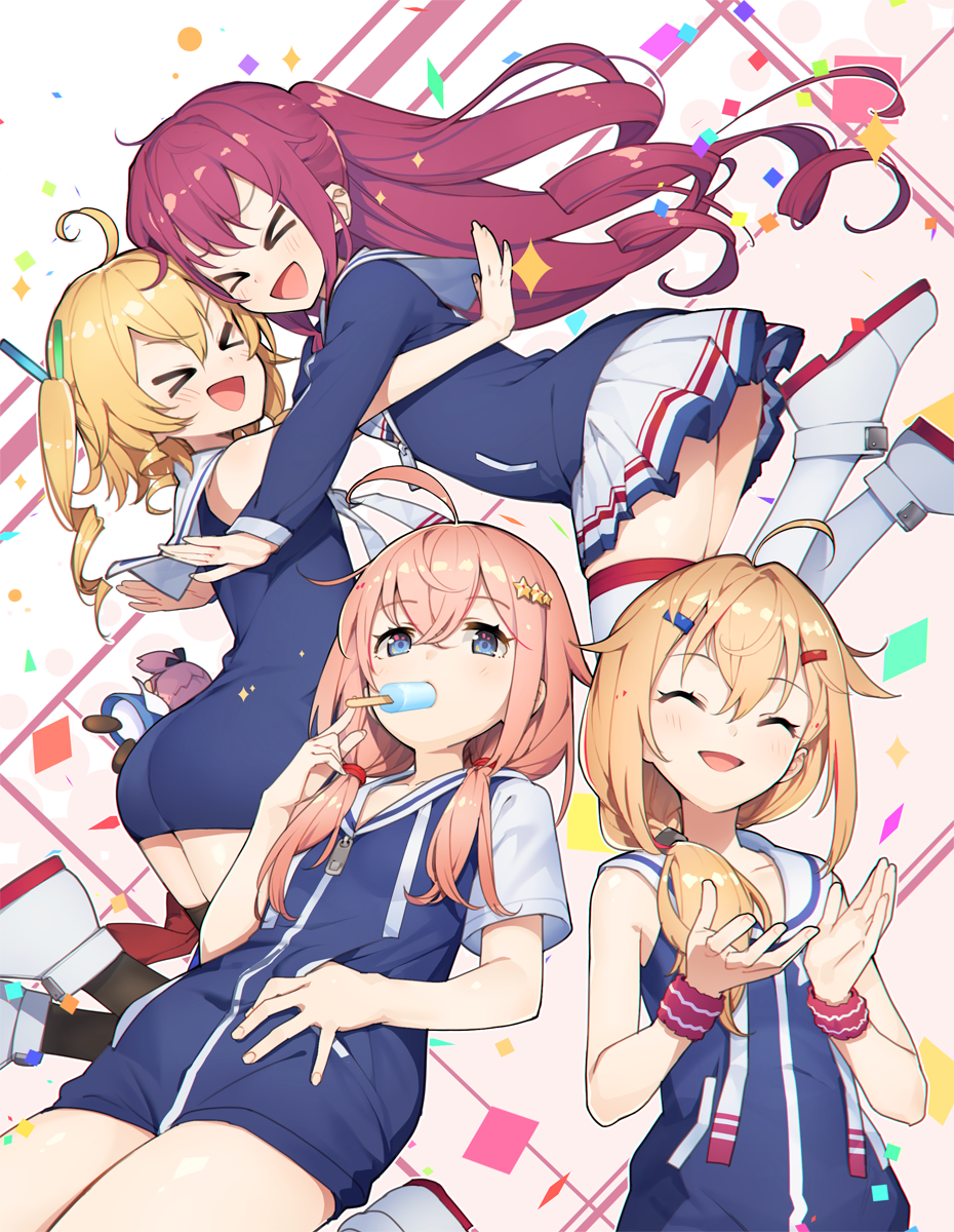 &gt;_&lt; 4girls :&gt; ahoge azur_lane bangs black_legwear blonde_hair blue_eyes blush closed_mouth commentary_request craven_(azur_lane) eho_(icbm) food food_in_mouth gridley_(azur_lane) hair_between_eyes hair_ornament hairclip highres hug long_hair long_sleeves low_twintails maury_(azur_lane) mccall_(azur_lane) medium_hair multiple_girls open_mouth orange_hair pleated_skirt popsicle purple_hair sailor_collar scrunchie short_hair short_sleeves sidelocks skirt sleeveless smile star star_hair_ornament thigh-highs tied_hair track_suit twintails two_side_up white_legwear wrist_scrunchie