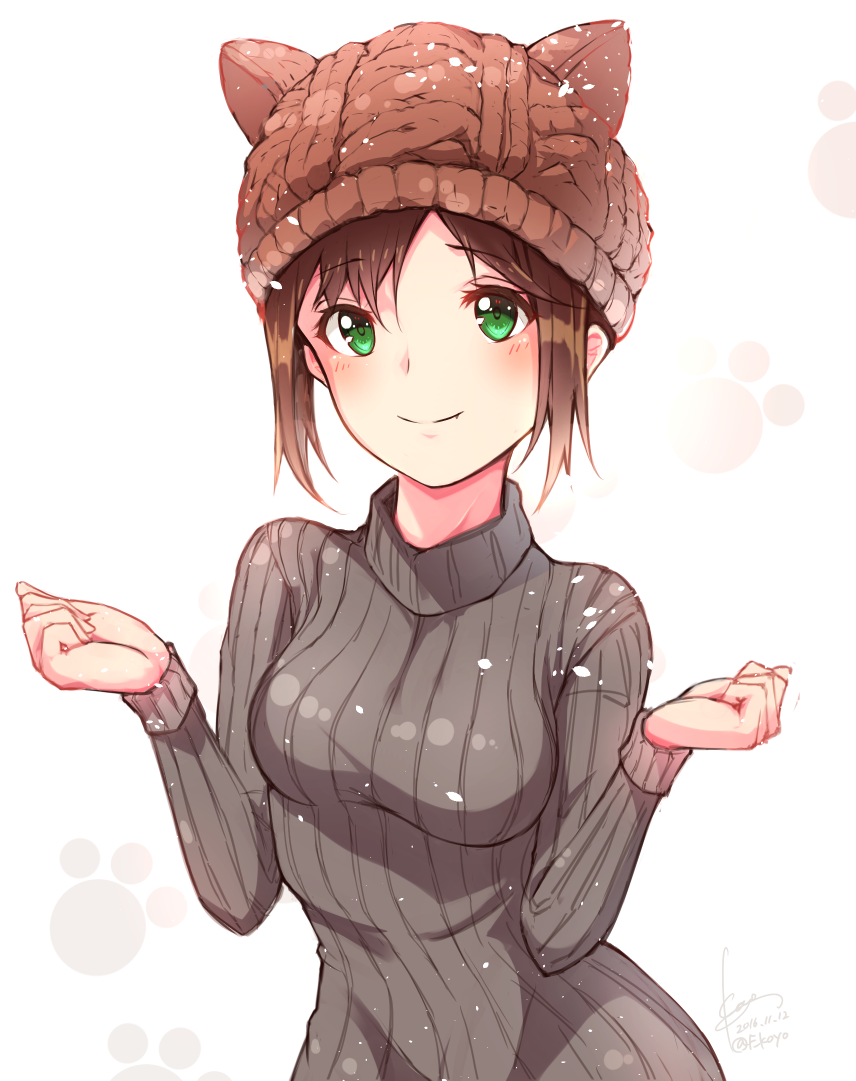 1girl 2016 animal_hat blush breasts brown_hair brown_hat cat_hat clenched_hands closed_mouth commentary_request dated dawndusk eyebrows eyebrows_visible_through_hair green_eyes grey_sweater hat idolmaster idolmaster_cinderella_girls long_sleeves looking_at_viewer maekawa_miku medium_breasts paw_print ribbed_sweater short_hair signature solo sweater turtleneck_sweater twitter_username upper_body w_arms