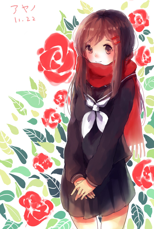 blush brown_eyes brown_hair kagerou_project long_hair scarf seifuku tateyama_ayano