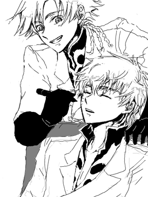 2boys :d blush closed_eyes code_geass collar collarbone evil_smile formal gino_weinberg gloves grin holding kururugi_suzaku lowres male_focus marker monochrome multiple_boys open_mouth parted_lips simple_background smile suit teeth upper_body white_background