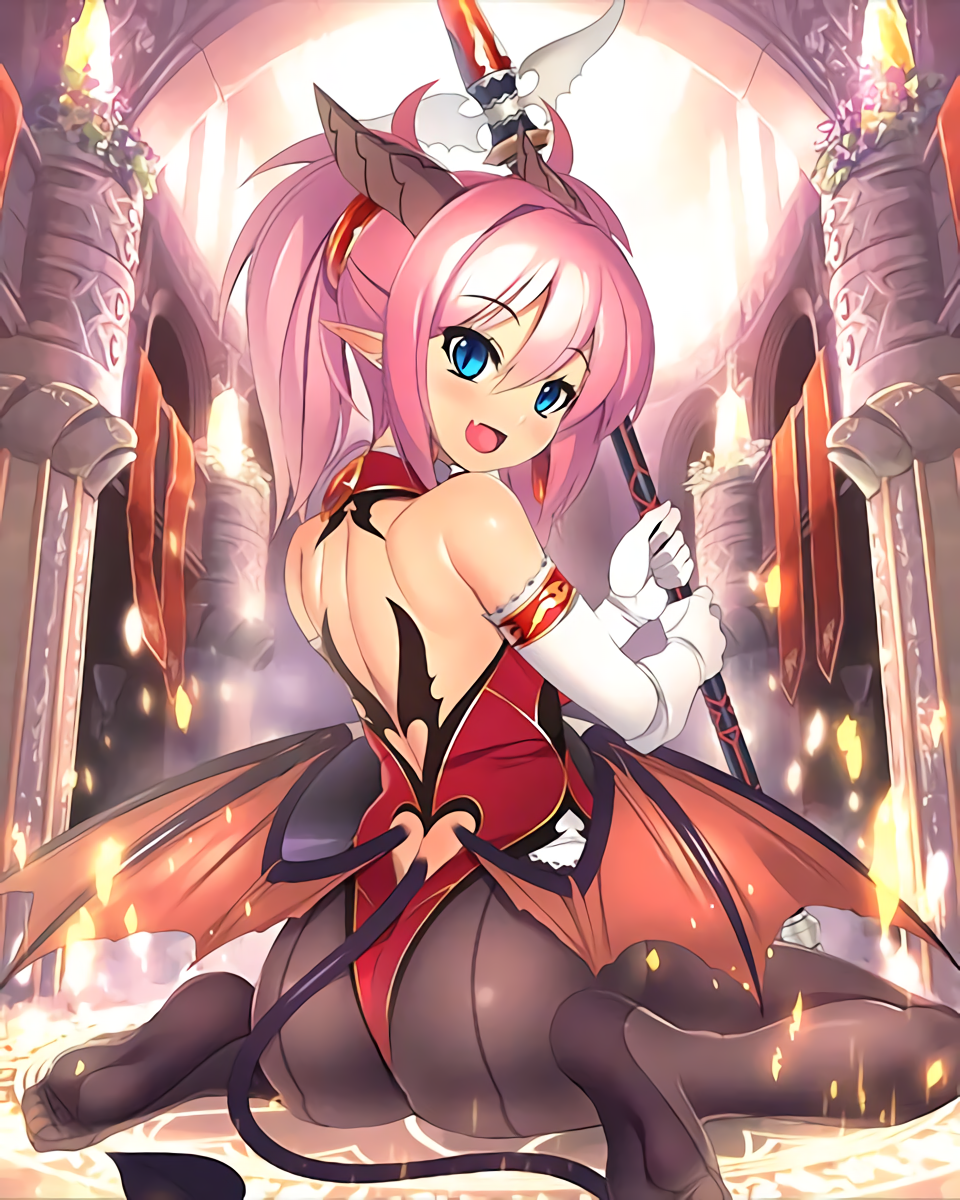 1girl bare_back bat_wings blue_eyes blush breasts cygames demon_girl demon_tail fang gloves highres horns lilim_(shingeki_no_bahamut) magic_circle mel/a open_mouth pantyhose pink_hair pointy_ears shadowverse shingeki_no_bahamut short_twintails smile solo staff tail twintails wings