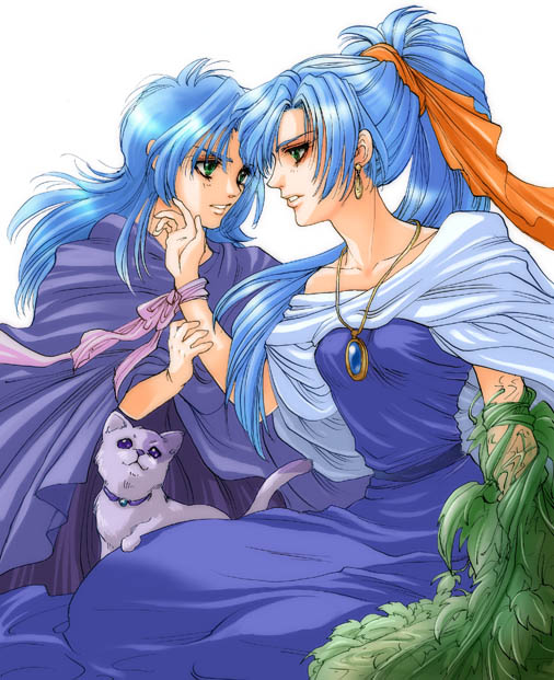 1boy 1girl 90s alfador blue_hair cat chrono_(series) chrono_trigger dress green_eyes janus janus_zeal jewelry necklace pendant schala schala_zeal synn