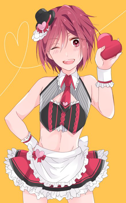 1boy blush box cosplay crossdressinging fate/grand_order fate_(series) free! gift heart heart-shaped_box male_focus matsuoka_rin midriff miniskirt necktie one_eye_closed red_eyes redhead short_hair skirt smile solo suzuko_(star8383) tohsaka_rin tohsaka_rin_(cosplay) trap valentine yellow_background