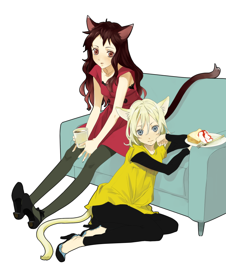 2girls animal_ears black_hair blonde_hair blue_eyes blue_upholstery brown_hair cake cat_ears cat_tail chin_rest couch dress food high_heels ie ie_(mochi) jumper leggings long_hair long_legs multiple_girls original pantyhose pastry pinafore_dress reclining red_eyes shoes simple_background sitting tail