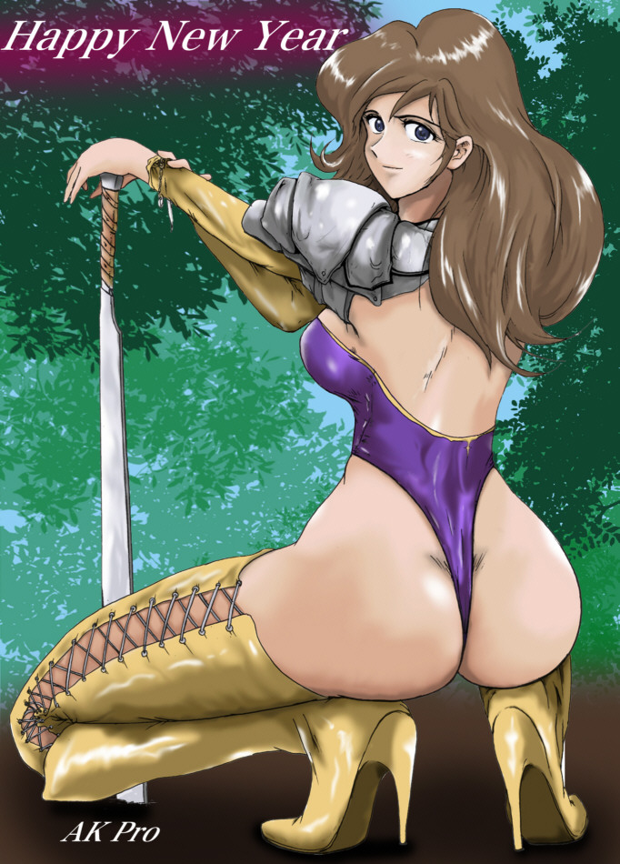 1girl armor ass boots breasts brown_hair high_heels highleg highleg_leotard laceups large_breasts legs leotard long_hair looking_back lupin_iii mine_fujiko new_year shoes sideboob smile solo squatting sword thigh-highs thigh_boots thighs thong_leotard tms_entertainment weapon