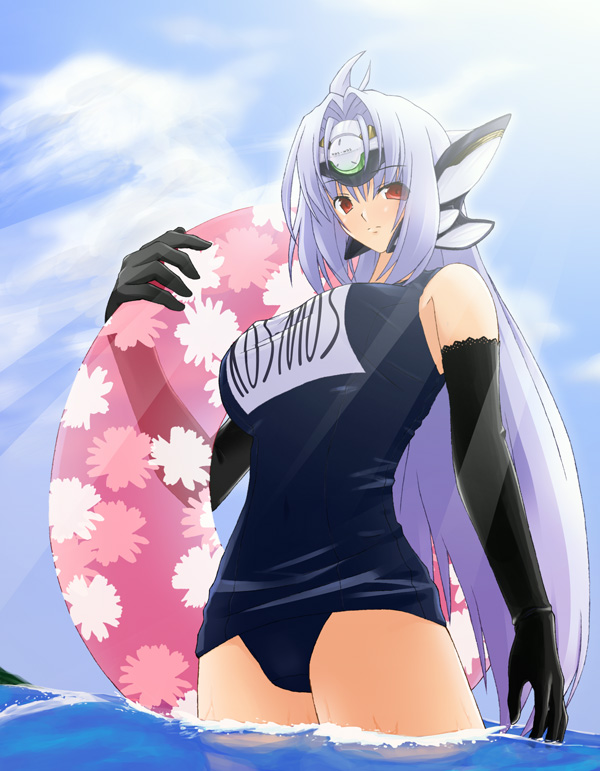 1girl blue_hair elbow_gloves from_below gloves innertube iwasaki_takashi kos-mos kos-mos_ver._4 name_tag one-piece_swimsuit red_eyes school_swimsuit solo swimsuit wading water xenosaga xenosaga_episode_iii