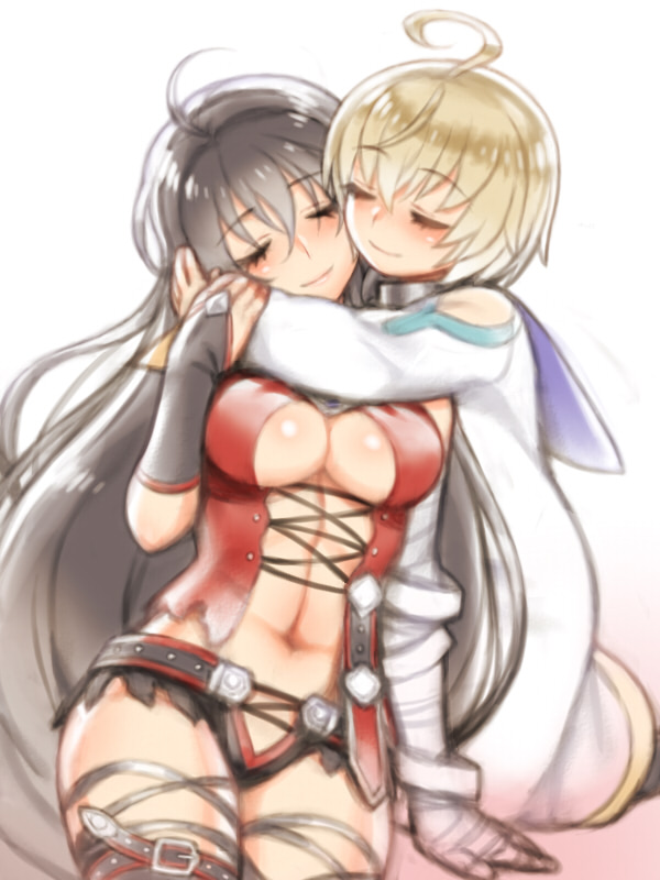 1boy 1girl ahoge bandage bandaged_arm belt black_hair blonde_hair breasts closed_eyes closed_mouth folks_(nabokof) hug kneeling laphicet_(tales) long_hair medium_breasts navel short_hair smile tales_of_(series) tales_of_berseria torn_clothes under_boob velvet_crowe very_long_hair