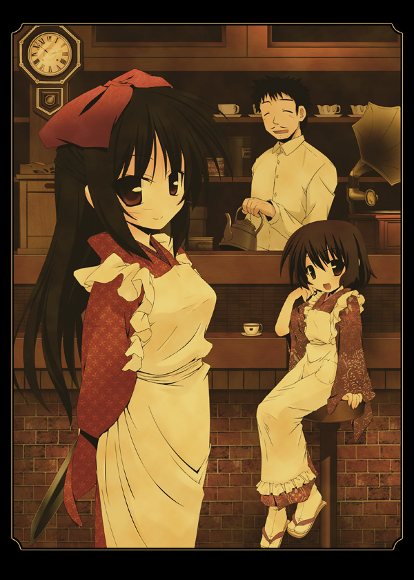 1boy 2girls apron black_border black_hair border clock cup facial_hair japanese_clothes kettle kimono looking_at_viewer multiple_girls mustache muted_color open_mouth original phonograph sandals sitting smile standing stool tabi teacup tsuchiyama_niu unmoving_pattern waitress