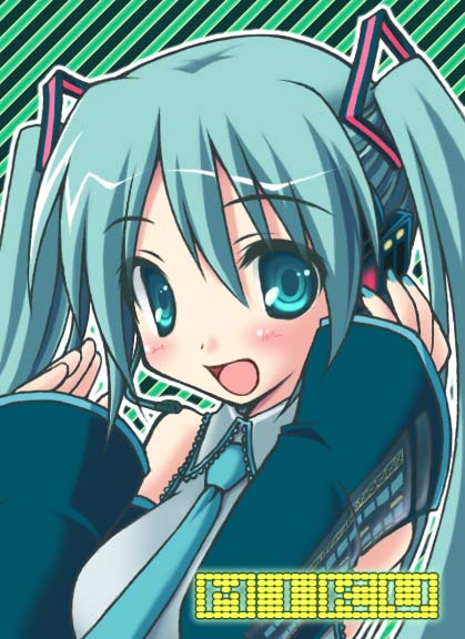 1girl :d amane_sou aqua_hair blush character_name collared_shirt detached_sleeves eyebrows eyebrows_visible_through_hair grey_shirt hair_between_eyes hair_ornament hand_on_headphones hatsune_miku headphones long_hair looking_at_viewer microphone nail_polish necktie open_mouth shirt smile solo striped striped_background tagme twintails vocaloid