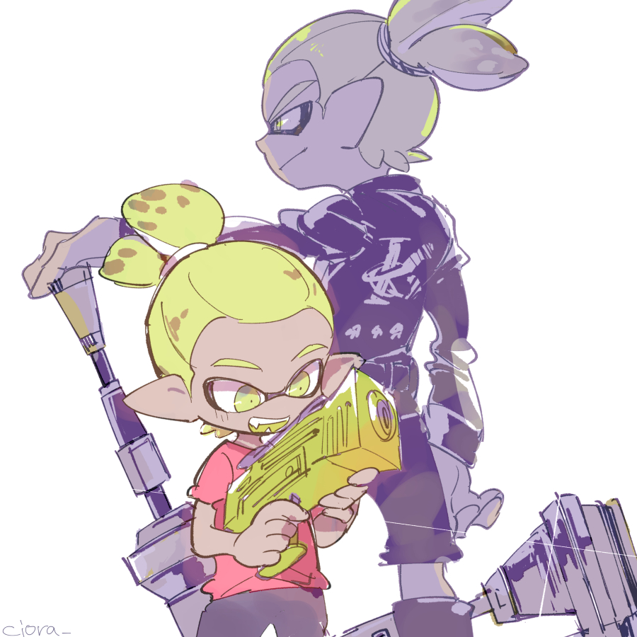 1boy black_boots black_jacket black_shorts boots domino_mask dynamo_roller_(splatoon) fangs from_behind green_eyes green_hair green_tongue holding holding_weapon jacket leather leather_jacket long_sleeves male_focus mask open_mouth pointy_ears red_shirt rider-kun_(splatoon) scrunchie serizawa_nae shirt short_sleeves shorts smile smirk splatoon splatoon_(manga) splattershot_jr_(splatoon) standing t-shirt tentacle_hair time_paradox topknot weapon white_background younger