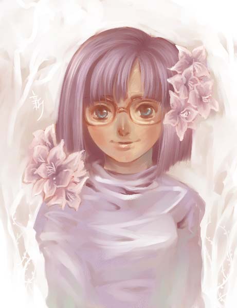 1girl 90s blue_eyes chrono_(series) chrono_trigger dress female flower glasses lucca_ashtear purple_hair short_hair smile solo synn