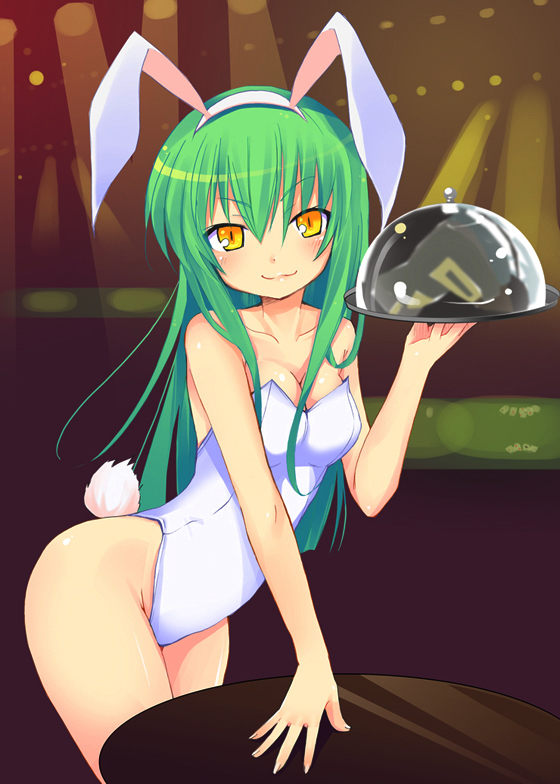 1girl :3 alternate_costume animal_ears arm_support bare_legs bare_shoulders bent_over blush breasts bunny_tail bunnysuit c.c. card carrying cleavage code_geass collarbone fake_animal_ears female fingernails green_hair hair_between_eyes hairband hands hips indoors kishiri_toworu leaning_forward leotard lips long_fingernails long_hair long_image looking_at_viewer miyao_ryuu mound_of_venus outstretched_arm playing_card purple_background rabbit_ears reflection shiny shiny_hair shiny_skin smile solo spotlight standing table tail tall_image thighs tray waitress yellow_eyes