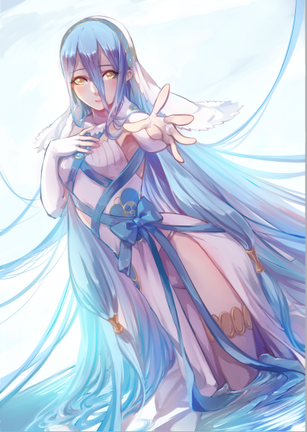 1girl absurdly_long_hair airrabbityan aqua_(fire_emblem_if) blue_hair elbow_gloves fingerless_gloves fire_emblem fire_emblem_if gloves hair_between_eyes hairband in_water long_hair looking_at_viewer outstretched_arm smile solo veil very_long_hair wading water white_gloves yellow_eyes
