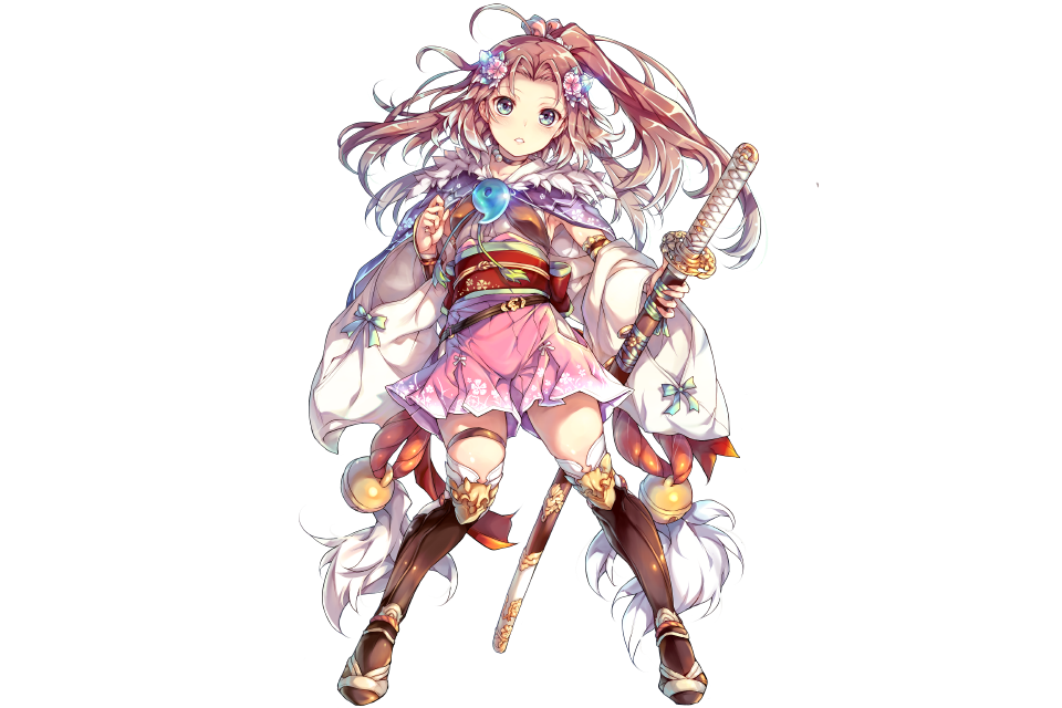 1girl artist_request bell blue_eyes blush boots bow brown_hair cape character_request collar flower flower_knight_girl full_body hair_flower hair_ornament holding japanese_clothes kimono kimono_skirt knee_boots long_hair looking_away obi sash solo standing sword thigh_strap transparent_background weapon wide_sleeves