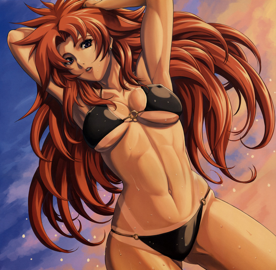 1girl abs armpits arms_up bikini bikini_tan breasts cleavage earrings eiwa erect_nipples jewelry long_hair muscle queen's_blade redhead risty solo swimsuit tan tanline toned under_boob violet_eyes wet