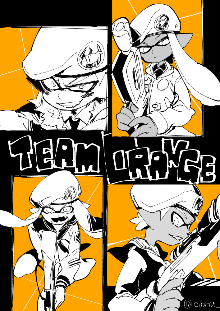 2boys 2girls army-kun_(splatoon) beret closed_mouth coat constricted_pupils dark_skin domino_mask dual_squelcher_(splatoon) english facepaint fangs forge-chan_(splatoon) grin hat holding holding_weapon long_hair long_sleeves looking_at_viewer mask monochrome multiple_boys multiple_girls neckerchief open_mouth orange_(color) partially_colored pointy_ears rapid_blaster_(splatoon) sailor_blue-kun_(splatoon) sailor_collar sailor_white-chan_(splatoon) scope serizawa_nae short_hair sketch smile splat_charger_(splatoon) splatoon splatoon_(manga) tentacle_hair twitter_username weapon