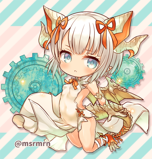 1girl blonde_hair blue_eyes chibi claws dragon_girl dragon_wings dress gears hair_ribbon horns marshmallow_mille myr_(p&amp;d) pointy_ears puzzle_&amp;_dragons ribbon short_hair solo wings