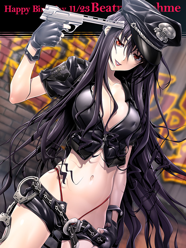 1girl beatrix_bremer belt birthday black_hair breasts cleavage crop_top cuffs dutch_angle erect_nipples finger_on_trigger fingerless_gloves gloves gun handcuffs handgun happy_birthday hat large_breasts lipstick long_hair looking_at_viewer makeup muvluv navel official_art parted_lips pistol police police_hat police_uniform policewoman pulled_by_self red_eyes red_lipstick schwarzesmarken short_sleeves shorts shorts_pull smile solo soyosoyo standing teeth text thong uniform very_long_hair weapon