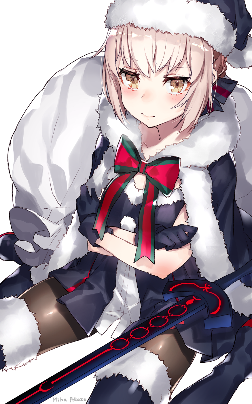 1girl artist_name bangs black_boots black_cape black_dress black_gloves black_legwear blonde_hair blush boots bow braid cape capelet christmas commentary_request cowboy_shot crossed_arms dark_excalibur dress fate/grand_order fate_(series) french_braid fur-lined_boots fur-trimmed_cape fur_trim gloves hair_ribbon hat highres looking_at_viewer mika_pika_zo nose_blush pantyhose pleated_dress ribbon saber saber_alter sack santa_alter santa_costume santa_hat simple_background sitting solo thigh-highs thigh_boots white_background yellow_eyes younger