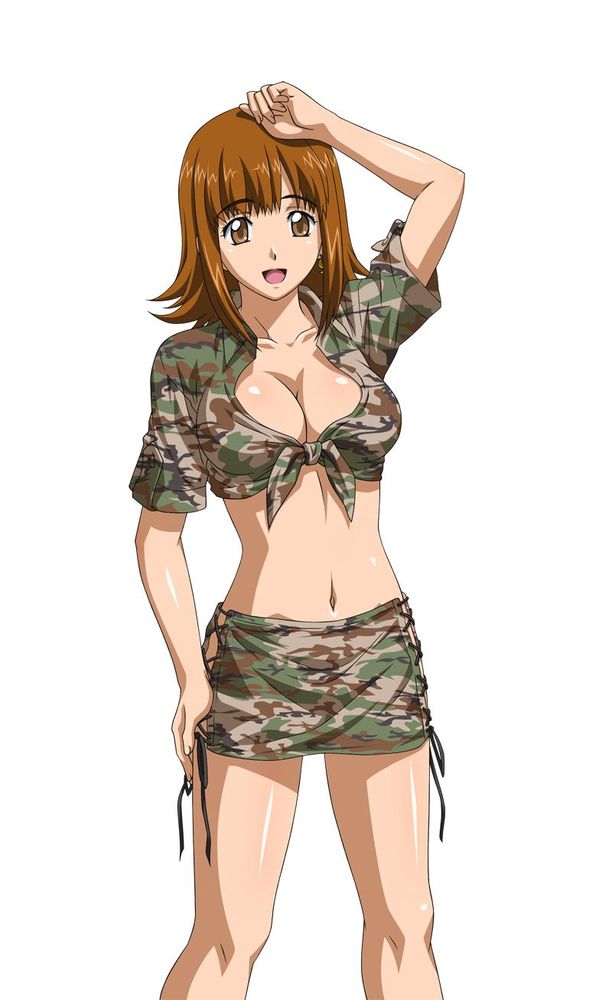 1girl arm_up ato_(ikkitousen) breasts brown_eyes brown_hair camouflage camouflage_skirt cleavage collarbone earrings eyebrows eyebrows_visible_through_hair front-tie_top ikkitousen jewelry large_breasts magatama_earrings midriff navel open_mouth shiny shiny_skin shirt short_hair simple_background skirt solo tied_shirt white_background