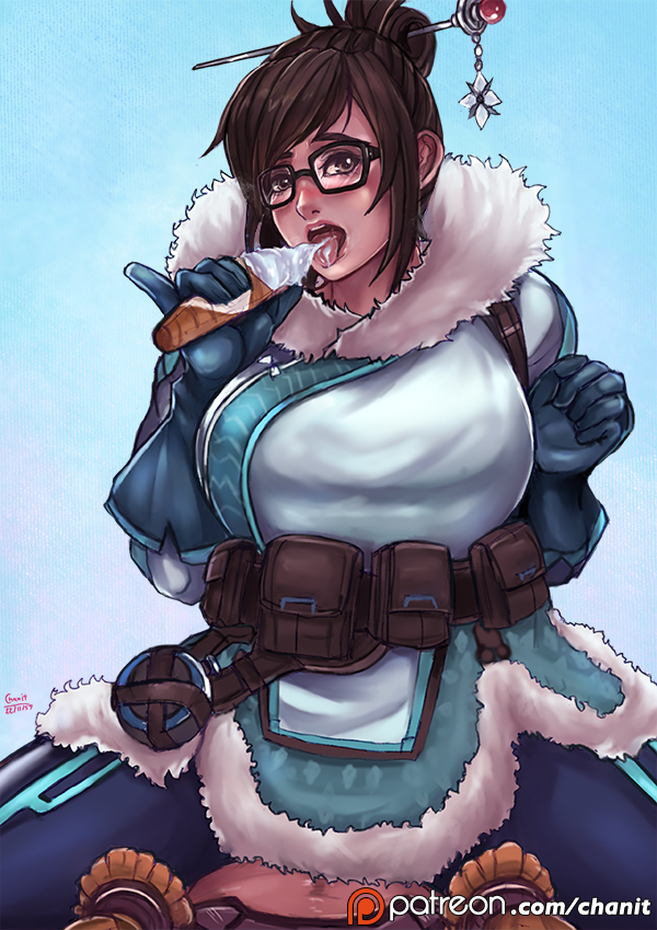 1girl black-framed_eyewear blue_background blush breasts brown_eyes brown_hair clenched_hand coat cowboy_shot eating food fur_coat fur_trim glasses gloves hair_bun hair_ornament hair_stick holding ice_cream ice_cream_cone kachima large_breasts licking looking_at_viewer mei_(overwatch) open_mouth overwatch pants patreon pinky_out purple_background short_hair soft_serve solo spread_legs tongue tongue_out watermark web_address