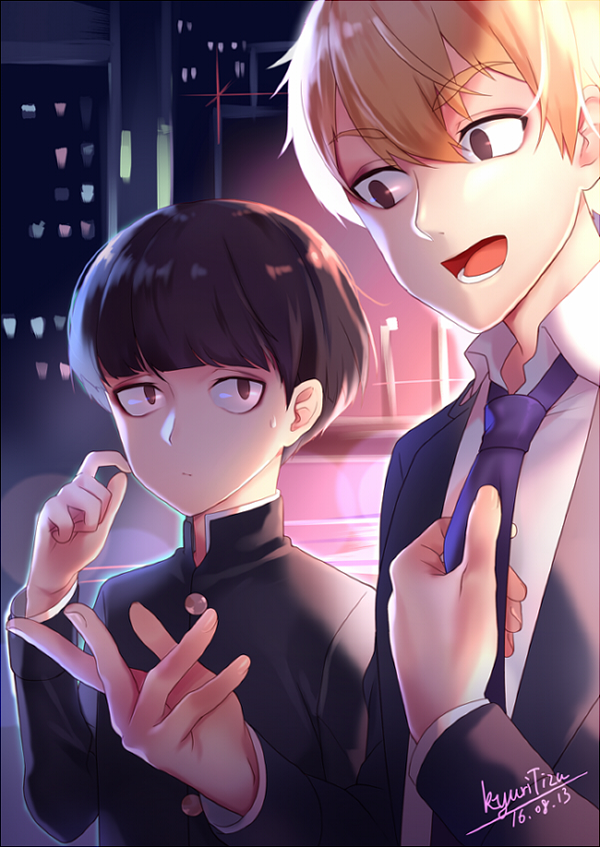 2boys blonde_hair bowl_cut brown_eyes building dated formal gakuran kageyama_shigeo kyuri_(405966795) male_focus mob_psycho_100 multiple_boys necktie open_mouth reigen_arataka school_uniform signature smile suit sweatdrop