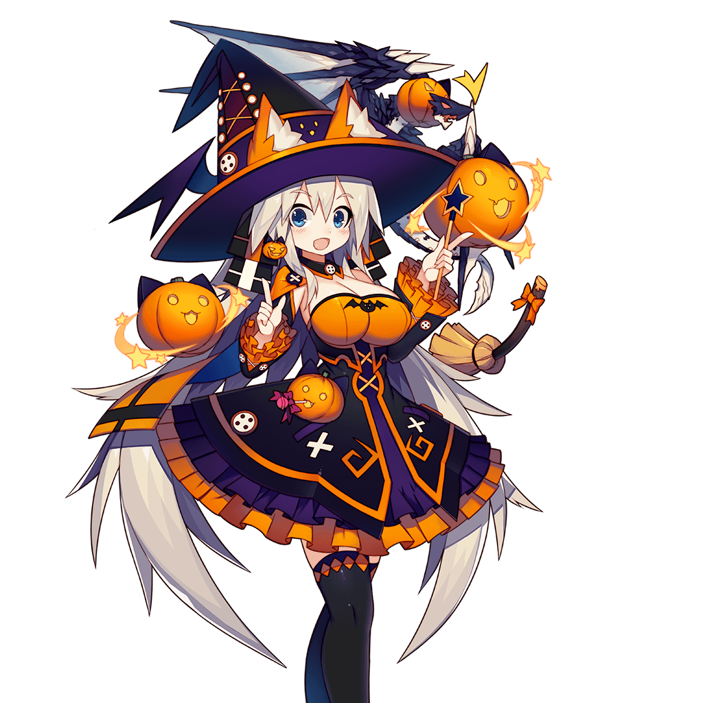 1girl animal_ears aqua_eyes black_legwear breasts broom cleavage detached_collar detached_sleeves dragon floating_object hat hat_wings holding index_finger_raised jack-o'-lantern large_breasts long_hair looking_at_viewer mamuru official_art open_mouth skirt solo thigh-highs transparent_background uchi_no_hime-sama_ga_ichiban_kawaii very_long_hair wand white_hair witch_hat