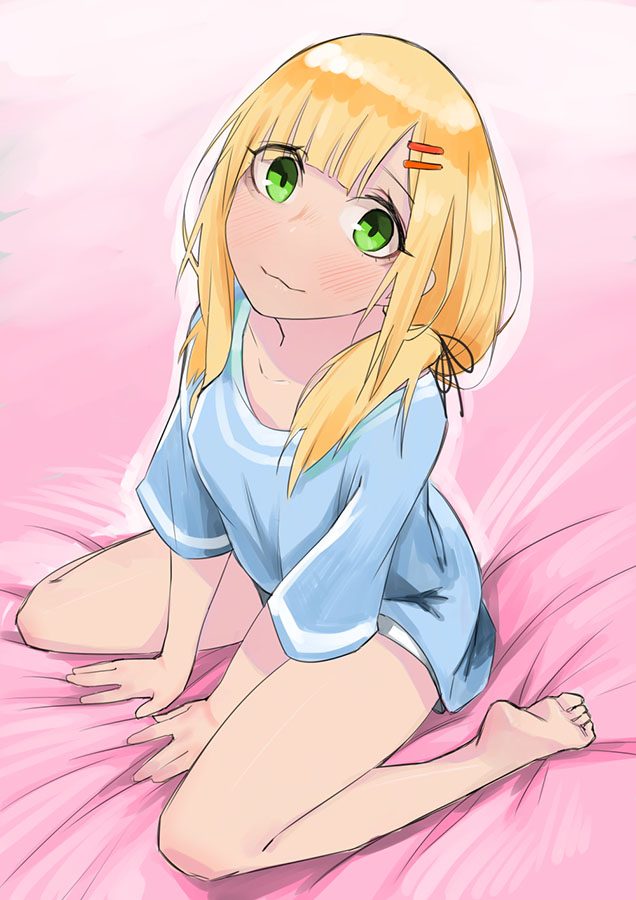 1girl barefoot between_legs between_thighs blonde_hair blue_shirt blush emilia_(krt_girls) from_above green_eyes hair_ornament hair_over_shoulder hairclip hand_between_legs juz krt_girls looking_at_viewer on_bed shirt sitting solo sweat wariza