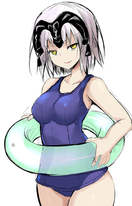 1girl fate/grand_order fate_(series) headpiece innertube jeanne_alter looking_at_viewer one-piece_swimsuit ruler_(fate/apocrypha) school_swimsuit sen_(astronomy) short_hair smile solo swimsuit white_background yellow_eyes