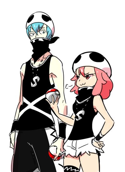 &gt;:3 1boy 1girl :3 alternate_costume bandana_over_mouth bandanna bare_shoulders blue_hair commentary_request cosplay gyosone hand_on_hip height_difference holding holding_poke_ball inumuta_houka jakuzure_nonon jewelry kill_la_kill necklace no_glasses pink_eyes pink_hair poke_ball pokemon pokemon_(game) pokemon_sm short_hair short_shorts shorts team_skull team_skull_(cosplay) team_skull_grunt thigh_strap torn_clothes wristband