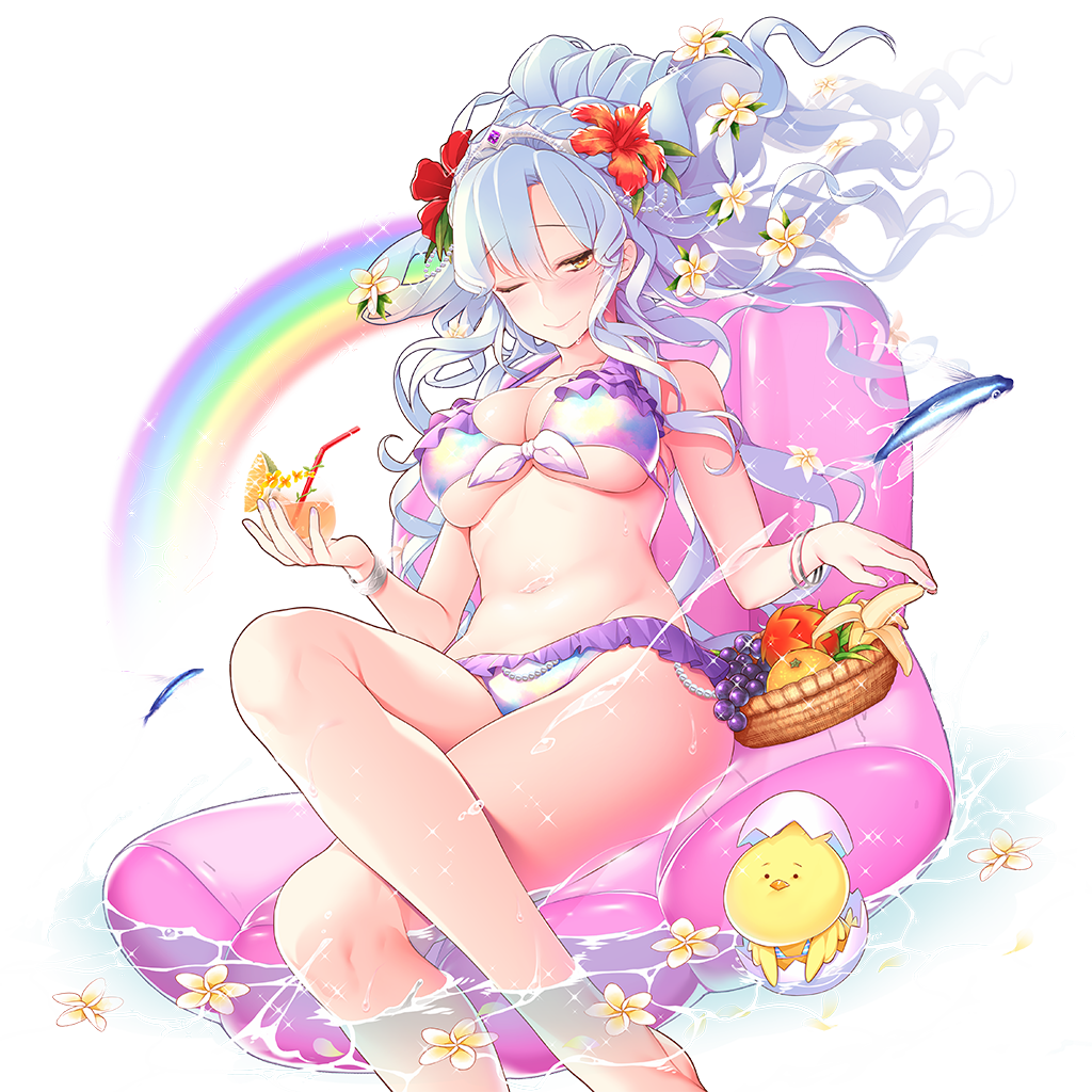 1girl bikini bird bracelet breasts chicken drink floating_hair flower flying_fish fruit_bowl giuniu hair_flower hair_ornament halter_top halterneck holding_drinking_glass inflatable_chair jewelry large_breasts legs_crossed light_blue_hair long_hair looking_at_viewer nail_polish navel official_art one_eye_closed rainbow sitting smile solo sparkle swimsuit transparent_background uchi_no_hime-sama_ga_ichiban_kawaii water wet yellow_eyes