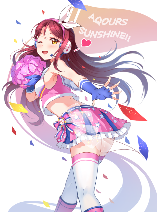 1girl ;d armpits bangs blue_gloves blush boots bow brown_hair confetti crop_top crop_top_overhang eyebrows eyebrows_visible_through_hair eyelashes fingerless_gloves flag from_behind gloves hair_ornament hairclip headphones headset heart holding long_hair looking_at_viewer love_live! love_live!_school_idol_festival love_live!_sunshine!! miazi microphone midriff miniskirt neckerchief one_eye_closed open_mouth pink_boots pink_skirt pleated_skirt pom_pom_(clothes) print_skirt sailor_collar sakurauchi_riko see-through skirt sleeveless smile solo standing star star_print striped striped_bow swept_bangs thigh-highs white_legwear yellow_eyes zettai_ryouiki