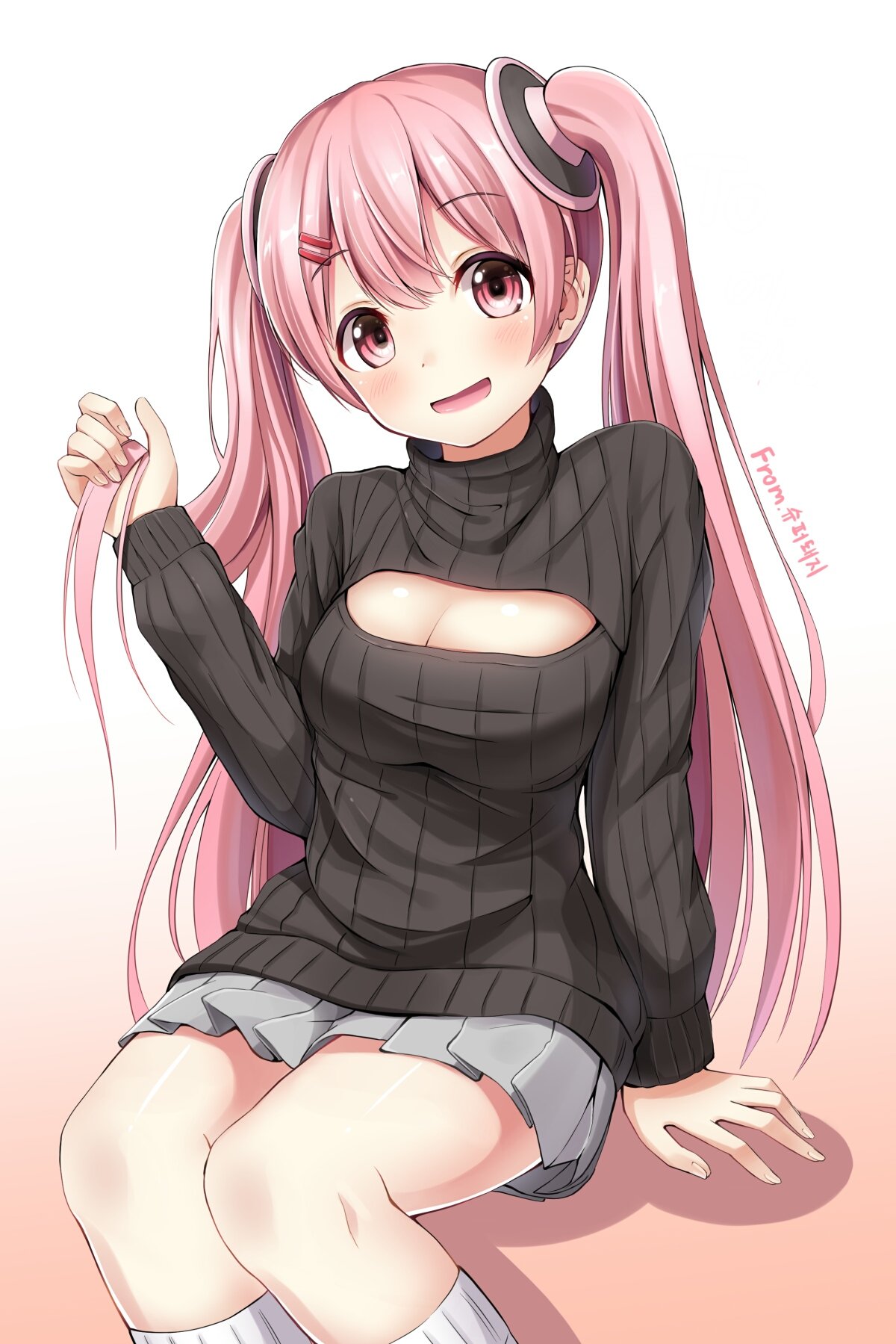 1girl :d bangs black_sweater blush breasts character_request cleavage cleavage_cutout eyebrows eyebrows_visible_through_hair gradient gradient_background grey_skirt hair_ornament hairclip highres holding holding_hair knees_together large_breasts long_hair looking_at_viewer open-chest_sweater open_mouth pink_background pink_eyes pink_hair pleated_skirt ribbed_sweater sitting skirt smile socks solo superpig_(wlstjqdla) sweater tareme thighs twintails white_background