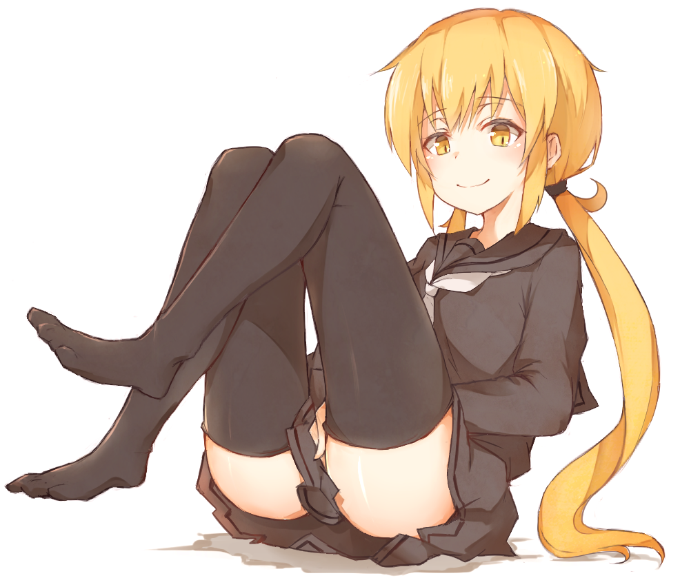 1girl bangs black_legwear black_skirt blonde_hair commentary covering covering_crotch eyebrows eyebrows_visible_through_hair kantai_collection knees_up long_hair looking_at_viewer nagi_099 neckerchief satsuki_(kantai_collection) school_uniform serafuku simple_background sitting skirt smile smug solo thigh-highs thighs twintails white_background yellow_eyes