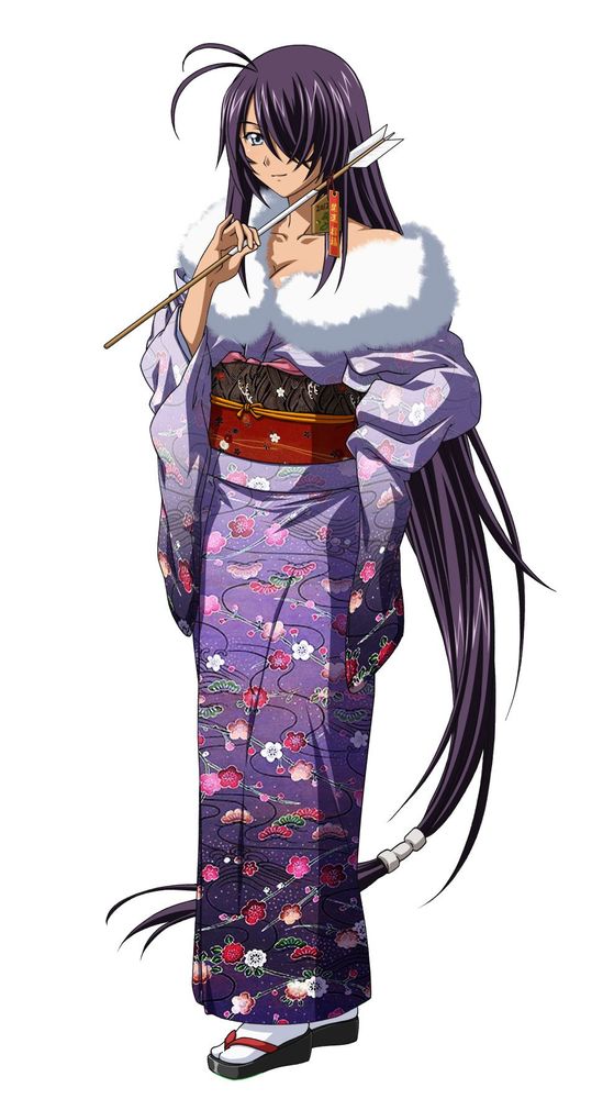 1girl arrow black_hair breasts cleavage collarbone hair_over_one_eye holding holding_weapon ikkitousen japanese_clothes kan'u_unchou kimono long_hair low-tied_long_hair simple_background smile solo weapon white_background white_legwear yukata