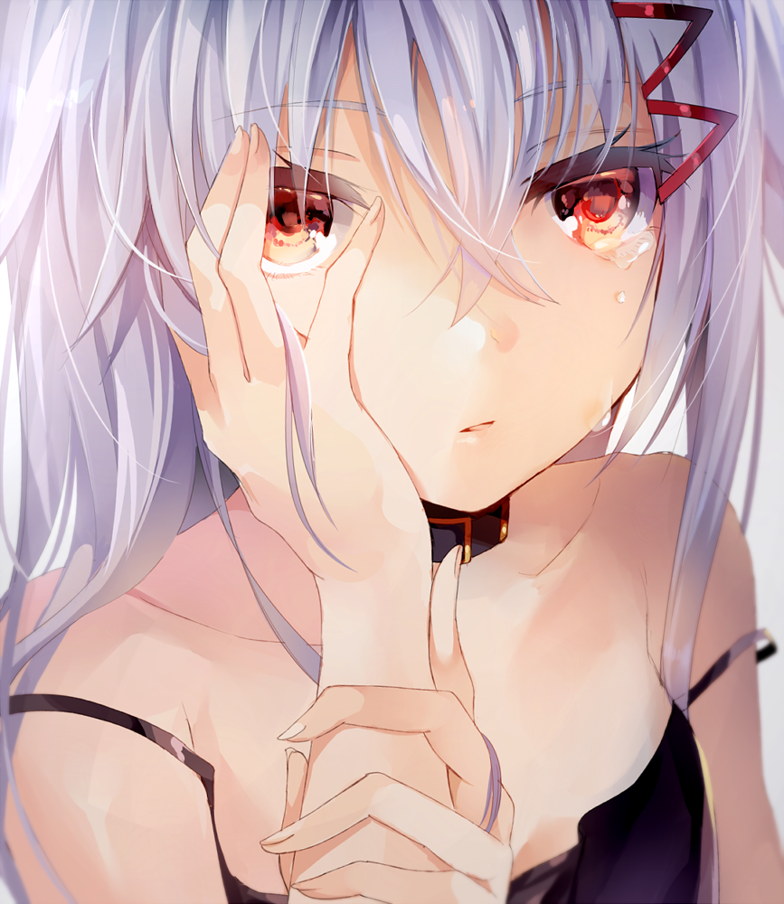 1girl bangs blurry camisole close-up collar collarbone commentary crying depth_of_field eyebrows eyebrows_visible_through_hair hair_between_eyes hand_on_own_face hands holding_arm long_hair original parted_lips red_eyes solo strap_slip tears tlla white_hair