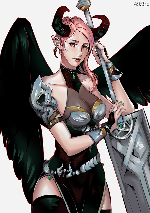 1girl asymmetrical_clothes bare_shoulders belt breasts collarbone horns lips lipstick looking_at_viewer makeup pink_hair pointy_ears red_eyes see-through shadowjwu side_slit solo spaulders sword thigh-highs vambraces weapon wings