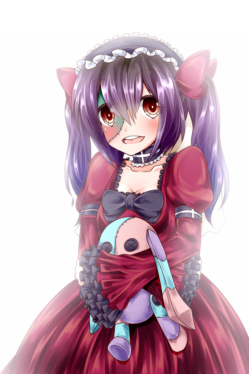 1girl akahito_(kemoyuru) asia_(monster_musume) black_hair breasts choker cleavage collarbone cowboy_shot dress frilled_sleeves frills gradient_hair highres jewelry monster_girl monster_musume_no_iru_nichijou monster_musume_no_iru_nichijou_online multicolored_hair purple_hair red_dress red_eyes ring simple_background small_breasts solo stitches stuffed_animal stuffed_bunny stuffed_toy twintails wedding_dress wedding_ring white_background zombie