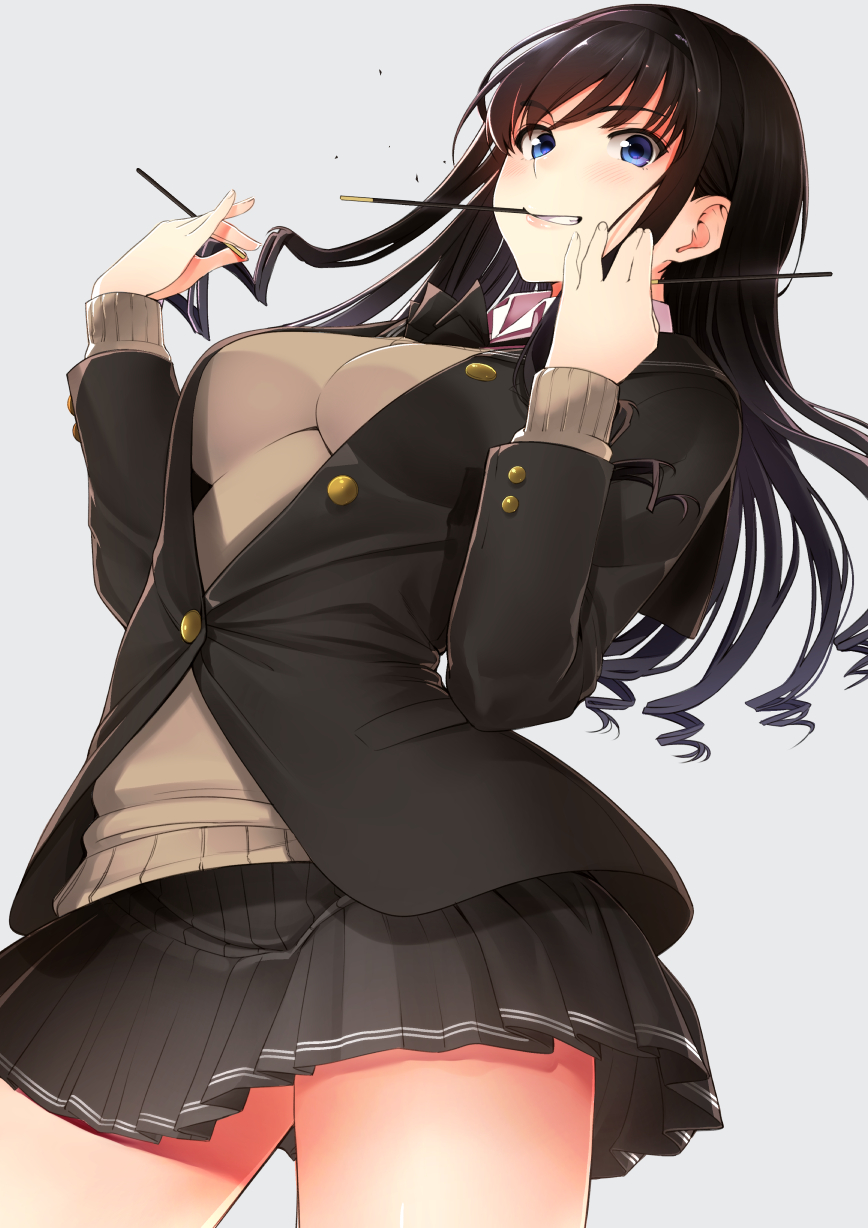 1girl amagami bangs black_hair black_skirt blazer blue_eyes blush breasts commentary_request food from_below grin highres jacket large_breasts long_hair looking_at_viewer morishima_haruka mouth_hold pleated_skirt pocky santa_(sunflower) school_uniform skirt smile solo sweater
