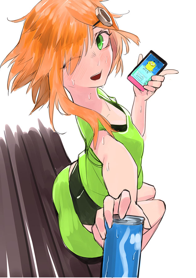 1girl alternate_costume ann_(krt_girls) arched_back bench blush can cellphone foreshortening green_eyes hair_ornament hairclip holding_cellphone hot juz krt_girls looking_at_viewer nut_hair_ornament one_eye_closed orange_hair phone pokemon pokemon_go pov psyduck short_hair_with_long_locks simple_background sitting skirt smartphone soda_can solo sweat swimsuit swimsuit_under_clothes tank_top white_background