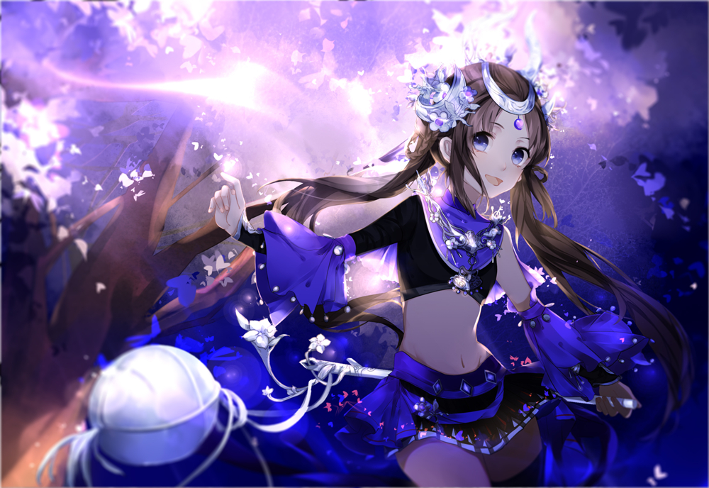 1girl asymmetrical_clothes blue_eyes breasts brown_hair cherry_blossoms collarbone cowboy_shot crop_top detached_sleeves flute forehead_jewel groin headwear holding holding_instrument instrument jianxia_qingyuan_3 long_hair long_sleeves looking_at_viewer midriff navel open_mouth petals skirt small_breasts smile solo stomach tassel thigh-highs turtleneck very_long_hair wide_sleeves