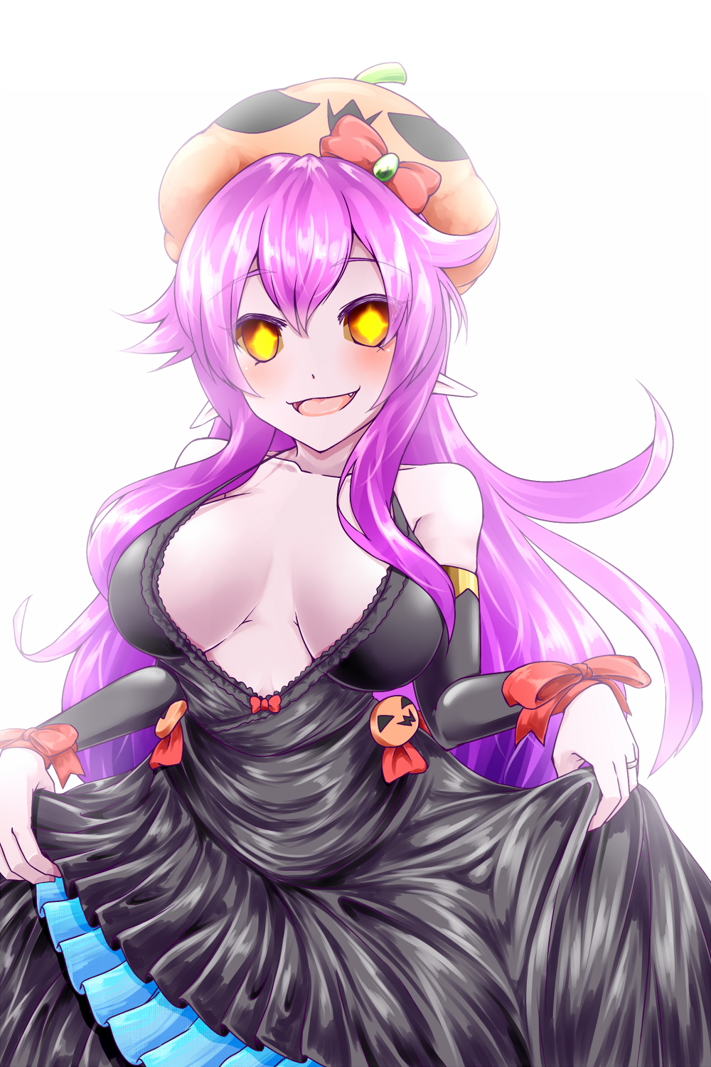 +_+ 1girl akahito_(kemoyuru) black_dress breasts breasts_apart cowboy_shot detached_sleeves dress eyebrows eyebrows_visible_through_hair fang hat highres jack-o'-lantern jewelry long_hair medium_breasts monster_girl monster_musume_no_iru_nichijou monster_musume_no_iru_nichijou_online pink_skin pointy_ears purple_hair ran_(monster_musume) ring simple_background solo wedding_dress wedding_ring white_background