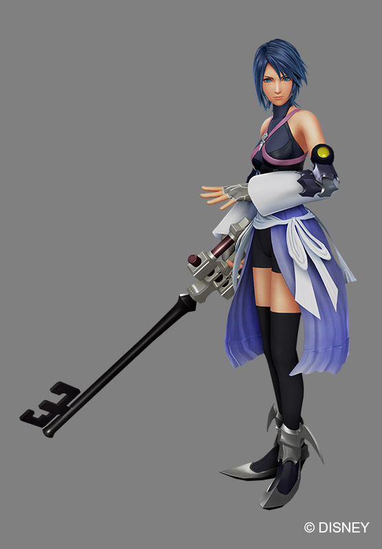 1girl 3d aqua_(kingdom_hearts) armor armored_boots black_legwear black_shirt black_shorts blue_eyes blue_hair boots detached_sleeves female fingerless_gloves full_body game_model gloves grey_background grey_gloves keyblade kingdom_hearts kingdom_hearts_0.2_birth_by_sleep_-a_fragmentary_passage- official_art pose shirt short_hair shorts simple_background solo thigh-highs watermark