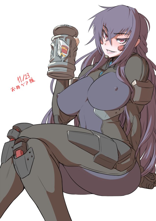 1girl beatrix_bremer beer_mug black_hair blush bodysuit breasts cleavage covered_navel dated erect_nipples eyelashes large_breasts lips long_hair looking_at_viewer mikoyan muvluv parted_lips pilot_suit red_eyes schwarzesmarken simple_background sitting skin_tight smile solo teeth very_long_hair white_background
