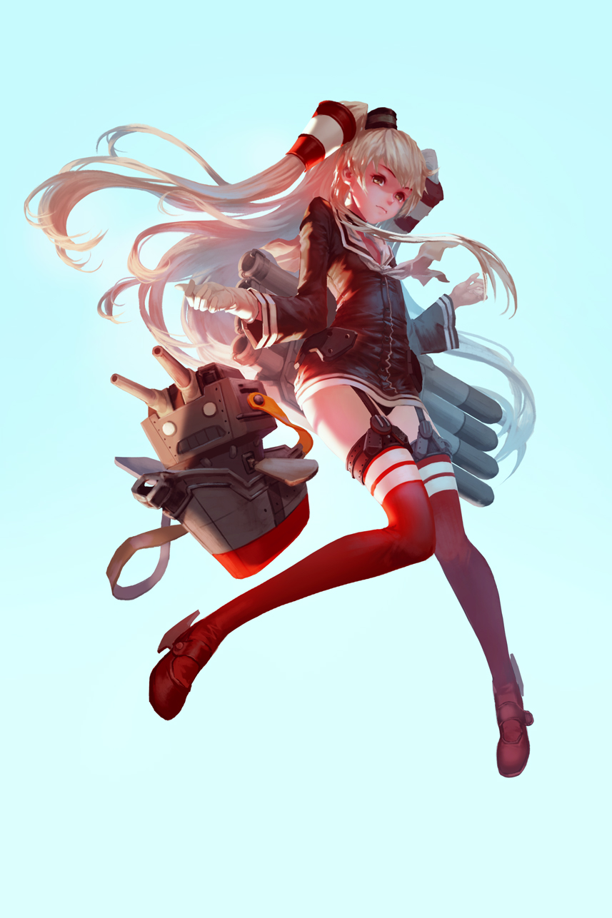 1girl amatsukaze_(kantai_collection) antilous black_hat blonde_hair blue_background full_body garter_straps gloves hat highres kantai_collection long_hair red_legwear red_shoes rensouhou-kun shoes solo standing thigh-highs twintails white_gloves